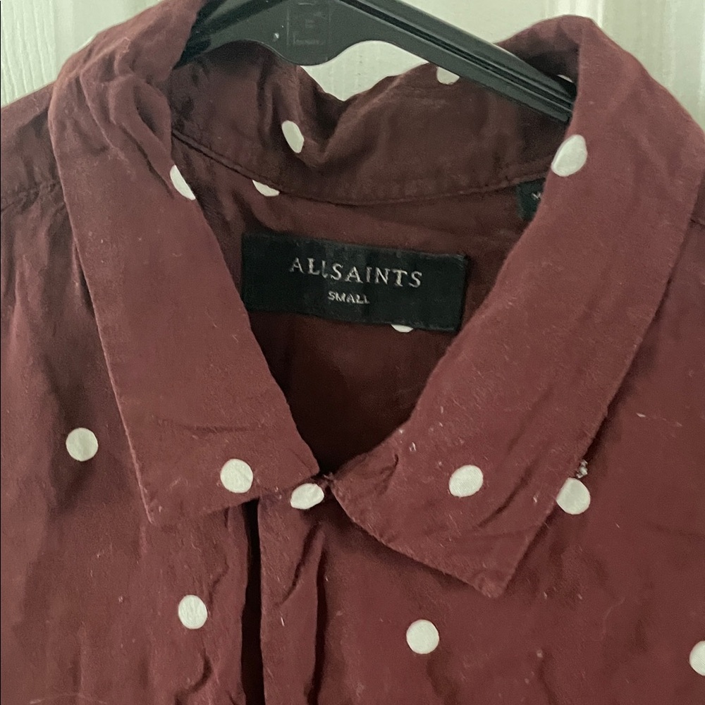 AllSaints Burgundy Short-Sleeve Polka Dot Button-Down Shirt - Picture 3 of 3
